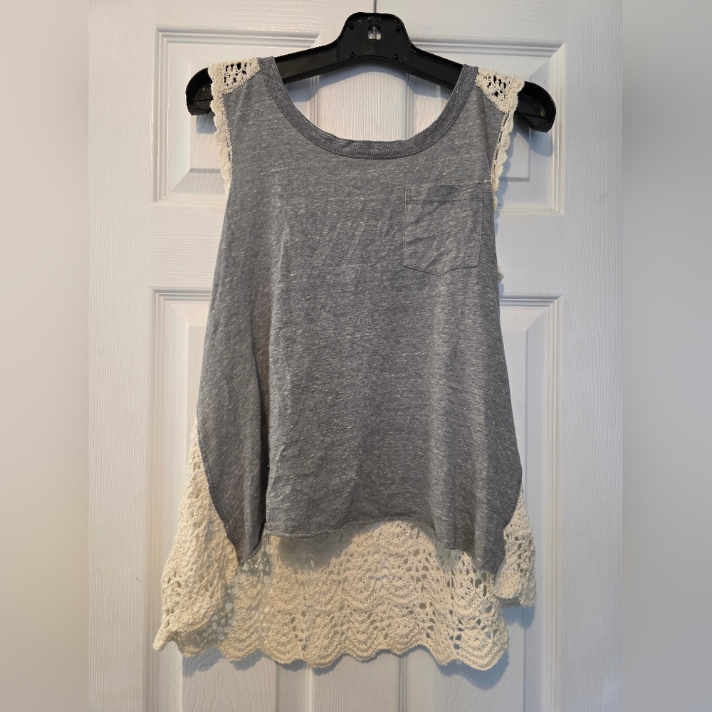 We The Free Gray and Cream Lace Tank Top